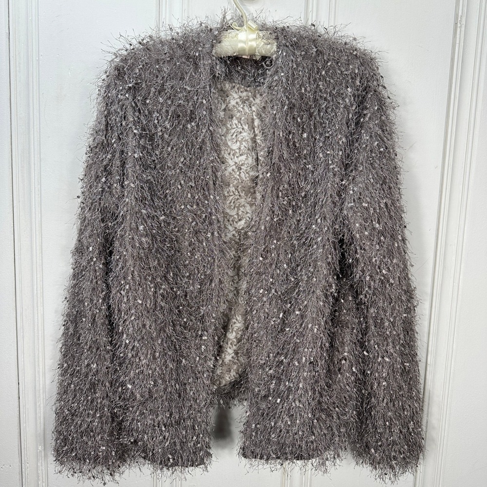 Mystree Eyelash Knit Cardigan Women L Grey Fair Shaggy Open Front Lined Floral